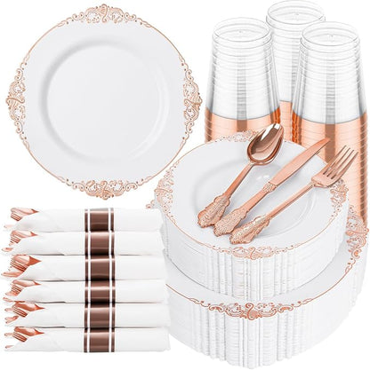 350 Pcs Rose Gold Plates for Party | Elegant Dinnerware for 50 Guests, Includes by Hioasis