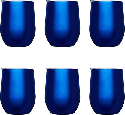 DISCOUNT PROMOS Stemless Wine Glass Tumblers with Lids by Largo 11 oz. Set of 6, Bulk Pack - Perfect for Wine, Cocktails, Other Hot & Cold Beverages - Blue