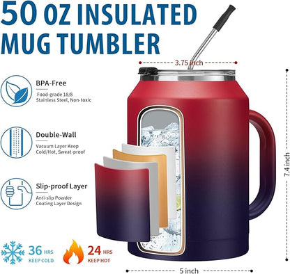 50oz Tumbler with Lid and Straw - Gulp, Protective Cup Mat, 50 oz Stainless Steel Coffee Mug for Travel Work, Double Wall Insulated Tumblers Metal Cups, Leak Proof Large Flask Jug Water Bottle