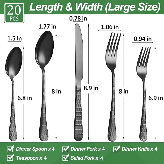 20 Pcs Black Silverware Set for 4, Food Grade Stainless Steel Flatware Set - Image 2