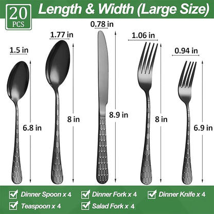 20 Pcs Black Silverware Set for 4, Food Grade Stainless Steel Flatware Set - Image 2