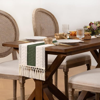 DeZerlor Ivory&Olive Green Boho Macrame Farmhouse Woven Table Runner 60Inch | - Image 3