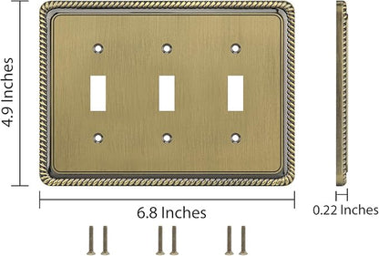 Henne Bery Rope Edge Decorative Wall Plate Switch Plate Outlet Cover (Triple Toggle, Antique Brass)