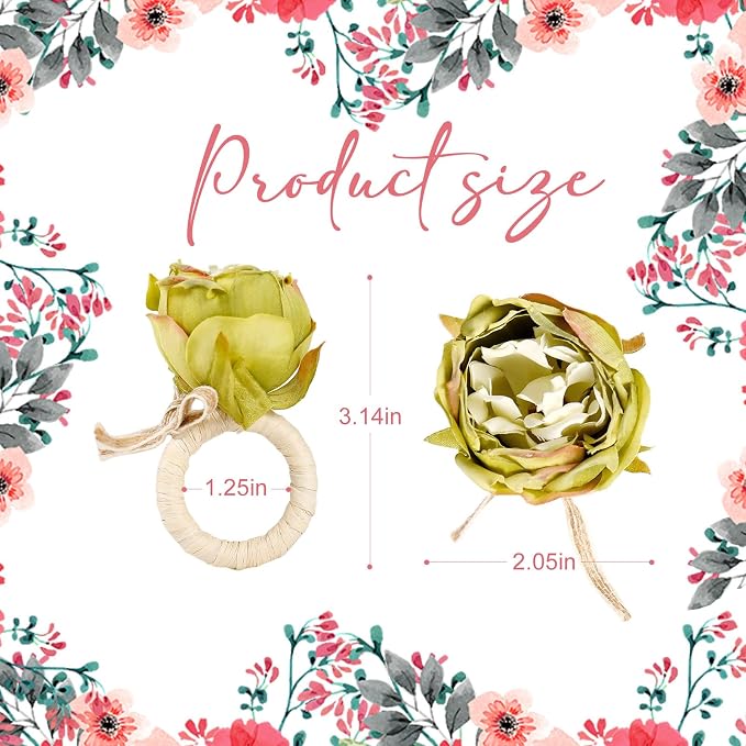 Handcraft Green Flower Napkin Rings Set of 12, Peony Napkin Holder Floral Rings - Image 5