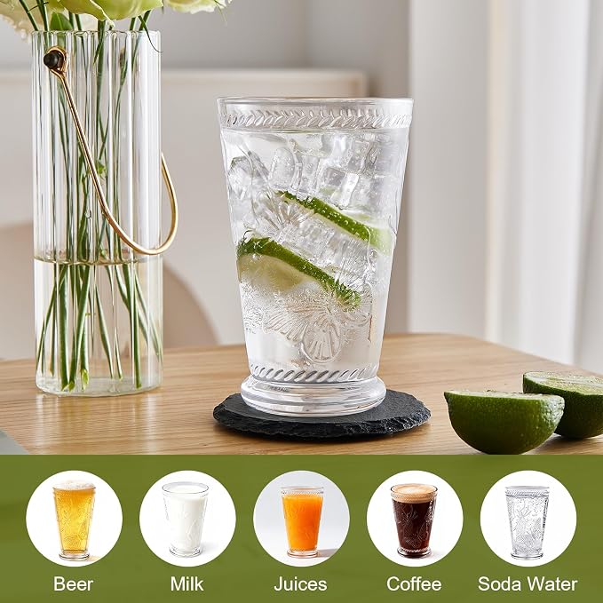 8 Pack Embossed Vintage Mixed Drinking Glasses, 12 Oz & 9 Oz Glasses | Embossed - Image 5