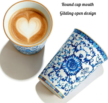Blue and White Porcelain Coffee Cups, 9 oz Floral Tea Cups Set of 2 | No Handles - Image 3