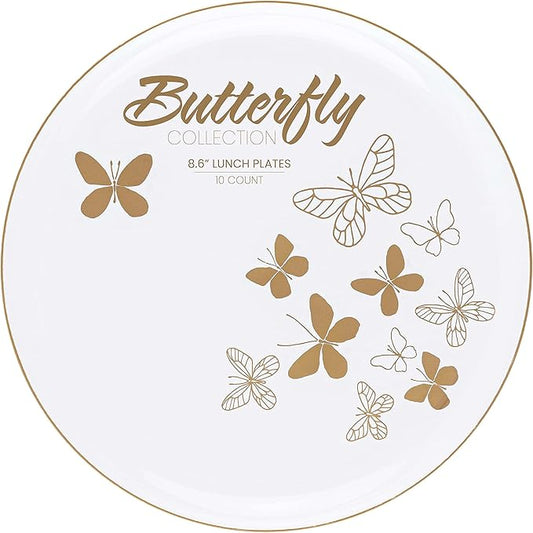 PLASTICPRO [30 Pack 8.6 Plastic Party Plates Edge Collection Premium heavyweight Elegant Disposable Tableware Dishes Butterfly Collection