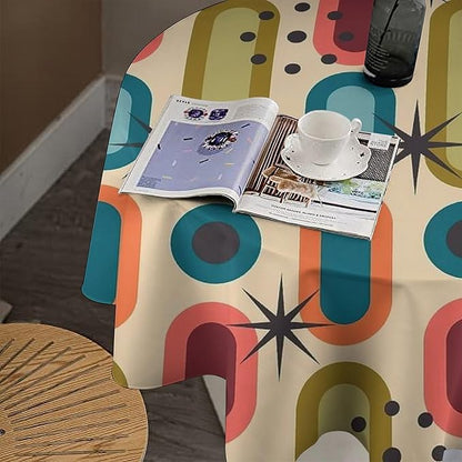 Mid Century Bohemian Round Tablecloth, Modern Medieval Geometric Abstract Print Tablecloth for Home Party Dining Room Kitchen Decor 60Inch(152cm)