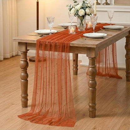 Artoid Mode Pearl Terrcotta Gauze Table Runner 120 Inch 10FT, Seasonal Sheer Dining Holiday Wedding Birthday Baby Shower Table Decor for Home Party
