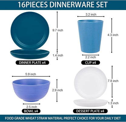 Rubtlamp 16pcs Wheat Straw Dinnerware Set, Unbreakable Plates And Bowls Sets of - Image 2
