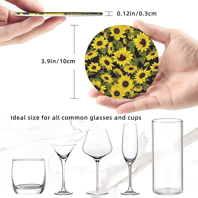Drink Coasters with Holder Stand Set of 6, Sunflower Pu Leather Absorbent - Image 3