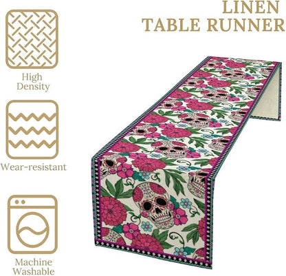 YCness Dia De Los Muertos Table Runner Red Floral Cinco De Mayo Rustic Linen - Image 6