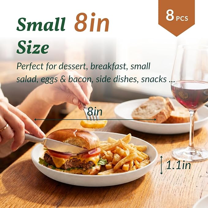 Wheat Straw Plates, 8 Inch Dessert Plates Set of 8, Unbreakable White Round - Image 2