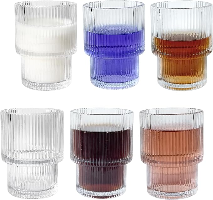 XKXKKE 7 oz Ribbed Drinking Glasses Set of 6, Highball Glasses Ridged Glass by XKXKKE