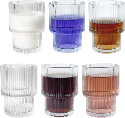 XKXKKE 7 oz Ribbed Drinking Glasses Set of 6, Highball Glasses Ridged Glass by XKXKKE