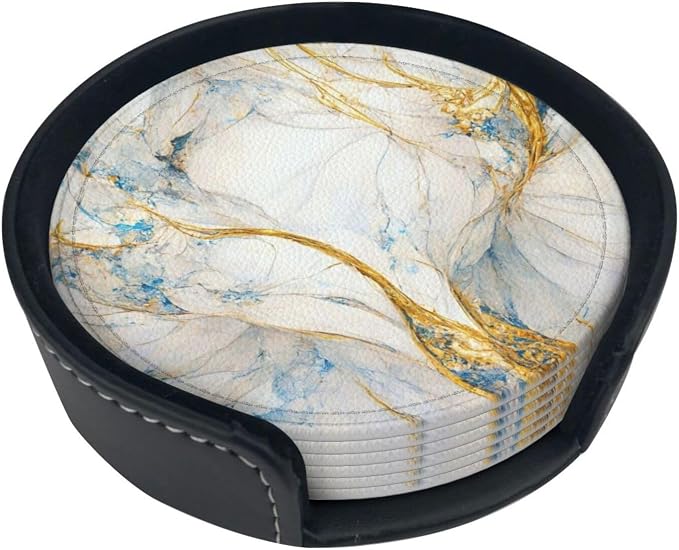 6 Pcs Abstract Luxury Blue Gold White Colors Marble Leather Coasters - Image 2