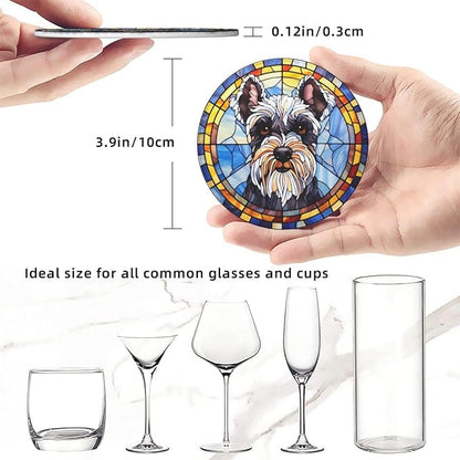 Drink Coaster Set of 6, Schnauzer Dog Mom Lover Gift,Leather Drink Coasters with Holder,6 Pack Cup/Bar/Drink Coasters for Table/Drinks/Coffee Protection Housewarming Gift