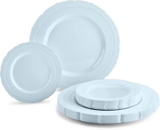 " OCCASIONS " 120 Plates Pack,(60 Guests) Extra Heavyweight Vintage Wedding Disposable/Reusable Plastic Plates 60 x 11'' Dinner + 60 x 8.25'' Salad/Dessert Plate (Chateau Blue)