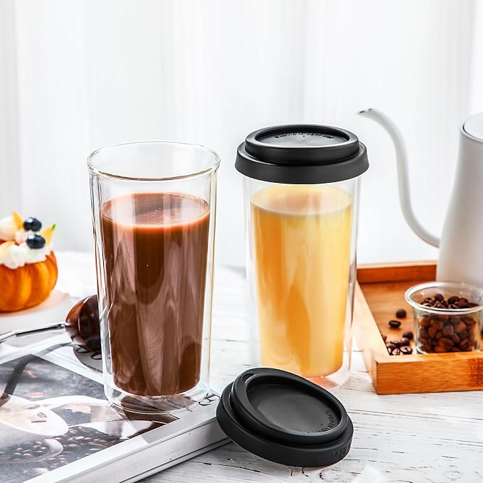 Honeydak 2 Pack 16 oz Double Walled Glass Coffee Mugs - Image 4