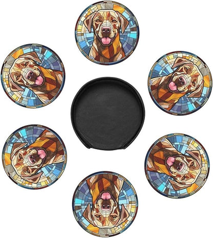Drink Coaster Set of 6, Labrador Retriever Dog Mom Lover Gift,Leather Drink Coasters with Holder,6 Pack Cup/Bar/Drink Coasters for Table/Drinks/Coffee Protection Housewarming Gift