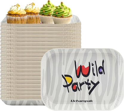 50 Pack 6.5 Inch Rectangle Paper Plates, Heavy Duty Disposable Plates Decorative Plates Party Plate Food Trays for Tacos, Dessert, Snack, Salad, Pasta, Camping Picnic Party (Zebra Stripe)
