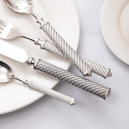 16-Piece Premium Silverware Set, Roman Rope-Pattern Flatware Crafted in 18/10 Stainless Steel, Elegant Silver Cutlery Set Service for 4, Heavy Duty Tableware with Mirror Polish, Dishwasher Safe