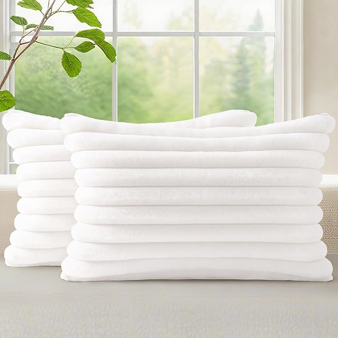 decorUhome Cozy Faux Fur Throw Pillow Covers 12x20 Set of 2 Decorative Soft Plush Striped Lumbar Modern Farmhouse Boho Couch Pillow Cases with Velvet Back for Sofa Bed Living Room, White