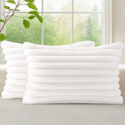 decorUhome Cozy Faux Fur Throw Pillow Covers 12x20 Set of 2 Decorative Soft Plush Striped Lumbar Modern Farmhouse Boho Couch Pillow Cases with Velvet Back for Sofa Bed Living Room, White