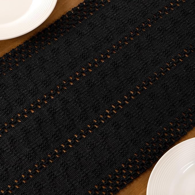 Black Boho Table Runner Farmhouse Macrame Woven Table Runner 12x72 Inch | Small - Image 6