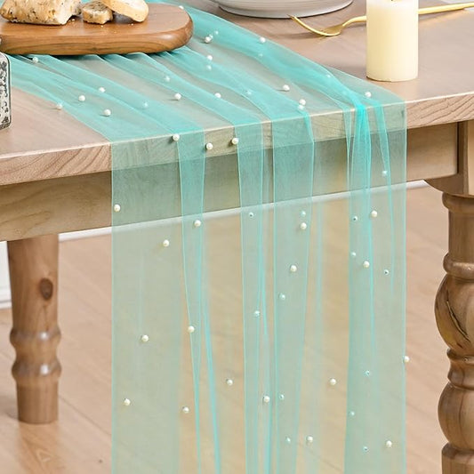 Artoid Mode Pearl Turquoise Gauze Table Runner 120 Inch 10FT, Seasonal Sheer Dining Holiday Wedding Birthday Baby Shower Table Decor for Home Party