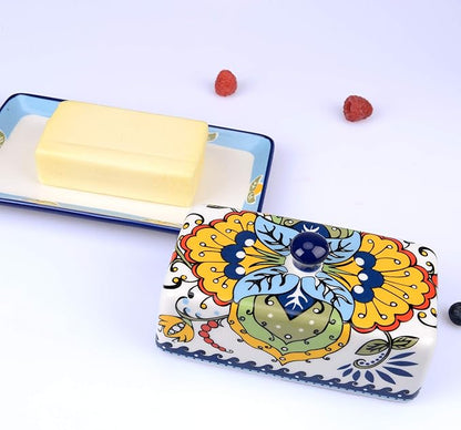NAGU Hand Drawn Ceramic Butter Dish with Lid, Farmhouse Butter Plate Tray with Cover, Vintage Cheese Container Holder for Kitchen Countertop, Decorative Colored Country Style Home Butter Keeper Saver