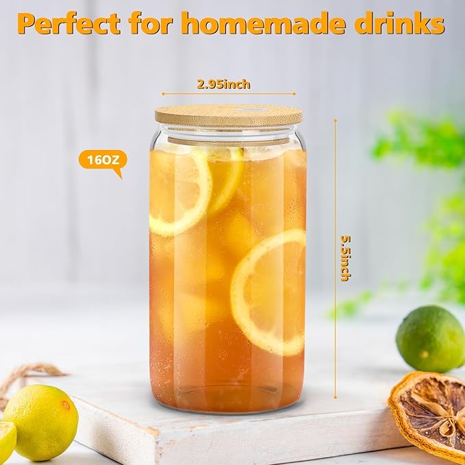sungwoo 2PCS Glass Cups with Bamboo Lids and Straws, 16OZ Ice Coffee Cup - Image 3