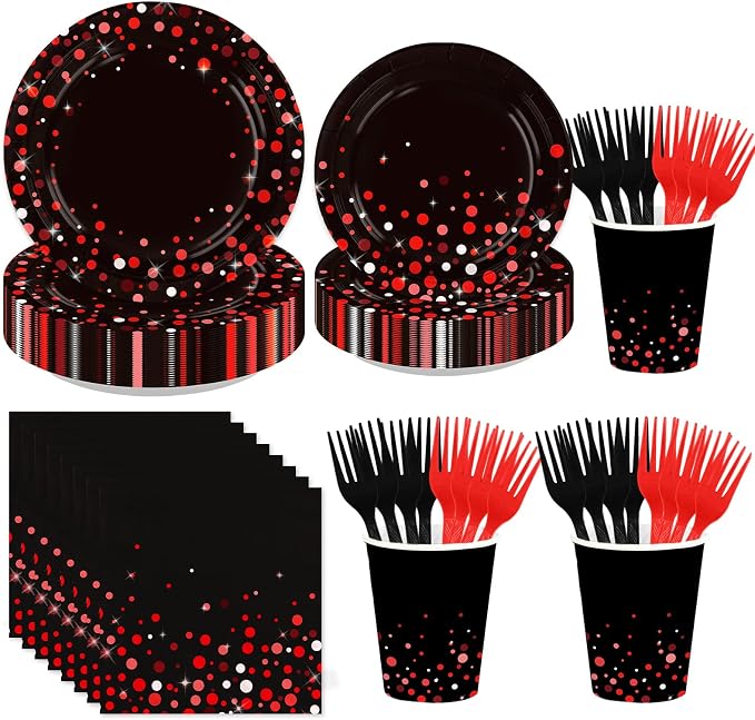 250 Pcs Black and Red Party Decorations, Serves 50 | Red Dot on Black Plates by Greencian