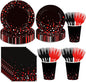 250 Pcs Black and Red Party Decorations, Serves 50 | Red Dot on Black Plates by Greencian