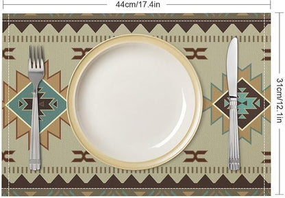 Southwestern Native Aztec Print Placemats Rustic Tribal Geometric Decorative Table Mat Antique Native Heat Resistant Place Mats for Dining Kitchen Party Holiday Decor 12x18Inch Set of 6