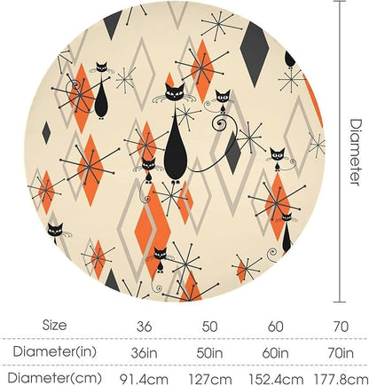 Retro Boho Modern Black Cat Round Tablecloth, Mid Century Boho Moon Abstract Geometric Leaf 50s 60s Style Tablecloth for Home Party Dining Room Kitchen Decor 70Inch(178cm)