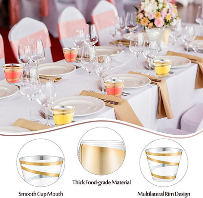 Gejoy 9 oz Rimmed Swirl Plastic Cups Disposable Wine Drinking Cups Clear Elegant Halloween Tumblers for Christmas Party Supplies(Gold,24 Pcs)