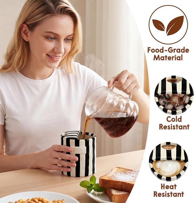 10oz Ceramic Coffee Mug with Sip Hole, Striped Espresso Cups - Image 2