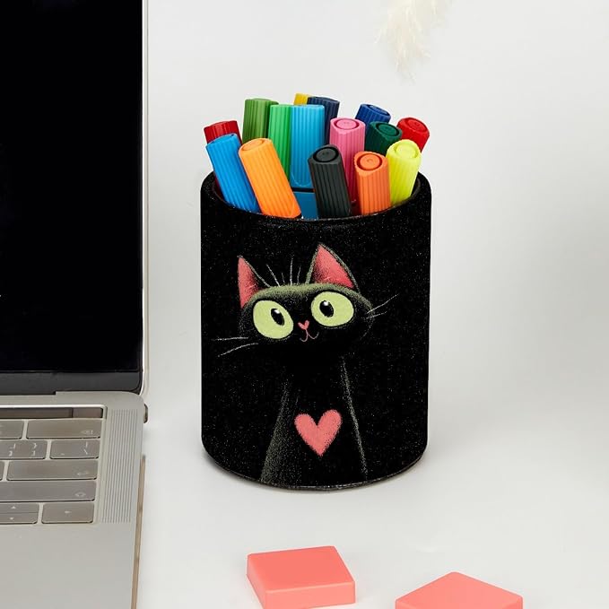 Leather Pen Holder for Desk, Cat Heart Pencil Cup Pen Organizer Makeup Brush - Image 5