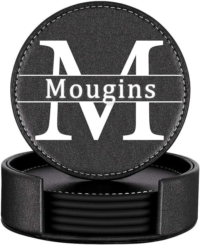 Personalized Coasters, Custom Set of 6 Leather Coaster by Mougins