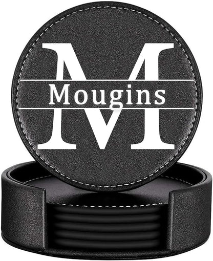 Personalized Coasters, Custom Set of 6 Leather Coaster by Mougins