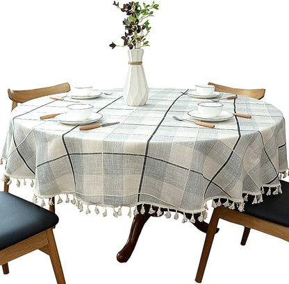 Dimatic Heavy Weight Cotton Linen Tablecloth, Plaid Tassel Round Table Cover for Kitchen Dining Room Tabletop Decorations, Round - 63", Grey Check