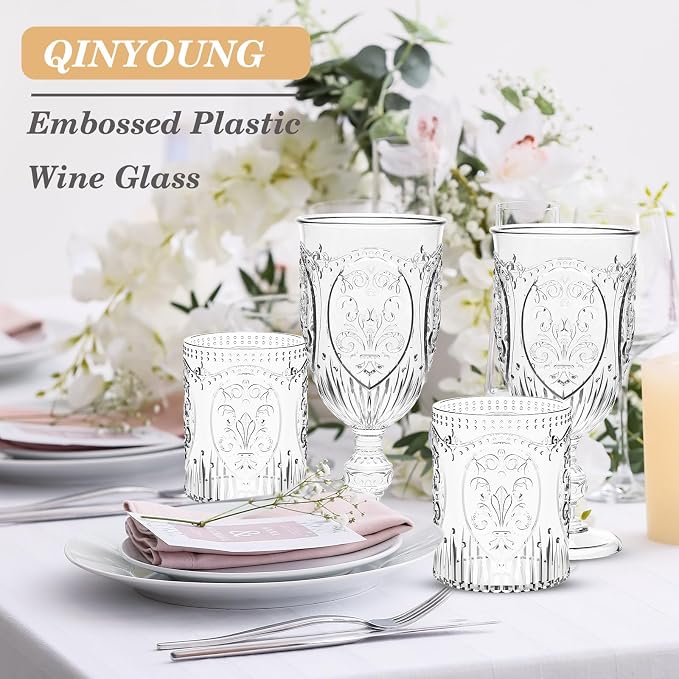 Qinyoung 6 Plastic Vintage Drinking Glasses 8.5oz Stemless Retro Embossed Wine - Image 7