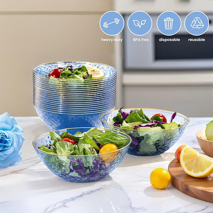 50 Pack 12 Ounce Blue Plastic Bowls Hammered Clear Bowl - Image 3