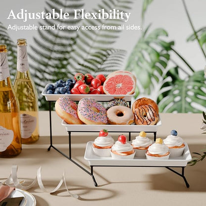 3-Tier Melamine Serving Tray Set, 11.5" x 5.6" Platters for Serving Food, White Reusable Trays with Black Metal Display Stand for Cupcakes, Sevring Food, Dessert, Fruit, Cookie, Black