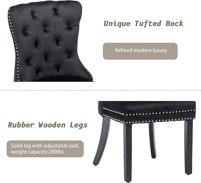 KCC Velvet Dining Chairs Set of 4, Upholstered High-end Tufted Dining Room Chair with Nailhead Back Ring Pull Trim Solid Wood Legs, Nikki Collection Modern Style for Kitchen, Black