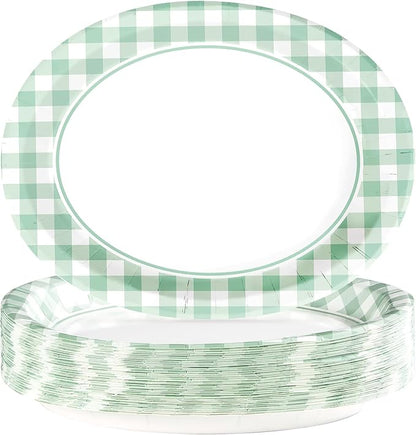 Grencian 50 Pcs Gingham Party Supplies 10"x12" Large Sage Green Gingham Oval Plates Disposable Heavy Duty Green and White Checkered Plaid Paper Plates for Baby Shower Picnic BBQ Birthday Wedding Bride