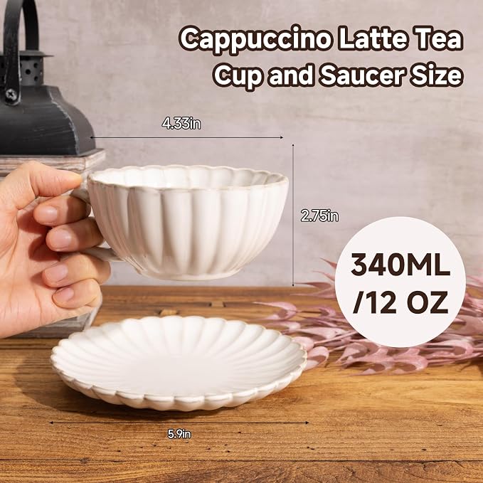 Ceramic Latte Cup with Saucer, 12 OZ Cappuccino Cup Vintage Cafe Art Cups - Image 2