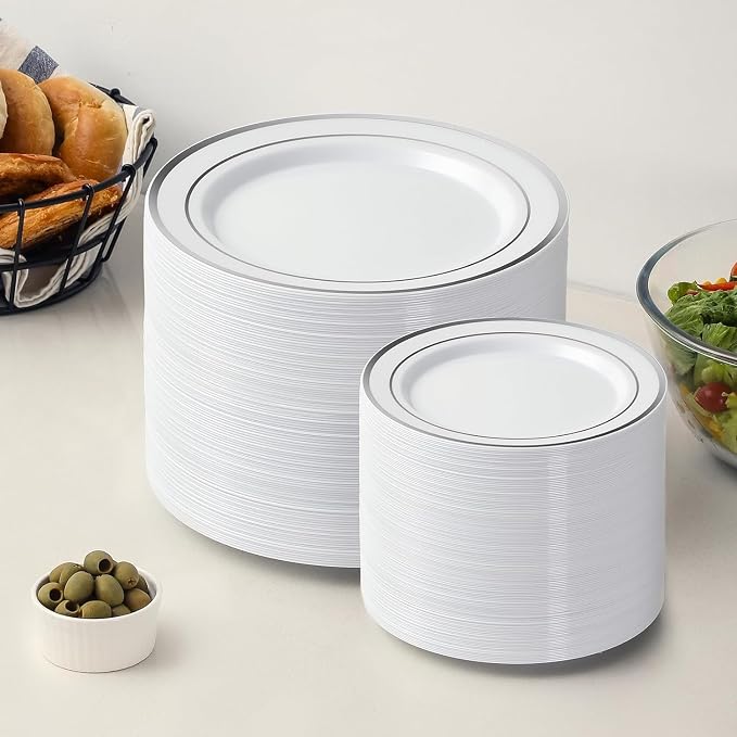 AOZITA 200Pcs Silver Plastic Plates, Disposable Plastic Party Plates - Image 7