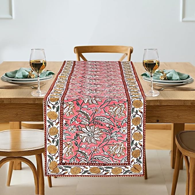 Candy Pink Hand Block Print 100% Cotton Reusable Table Runner 16" X 70" Inches by Ridhi